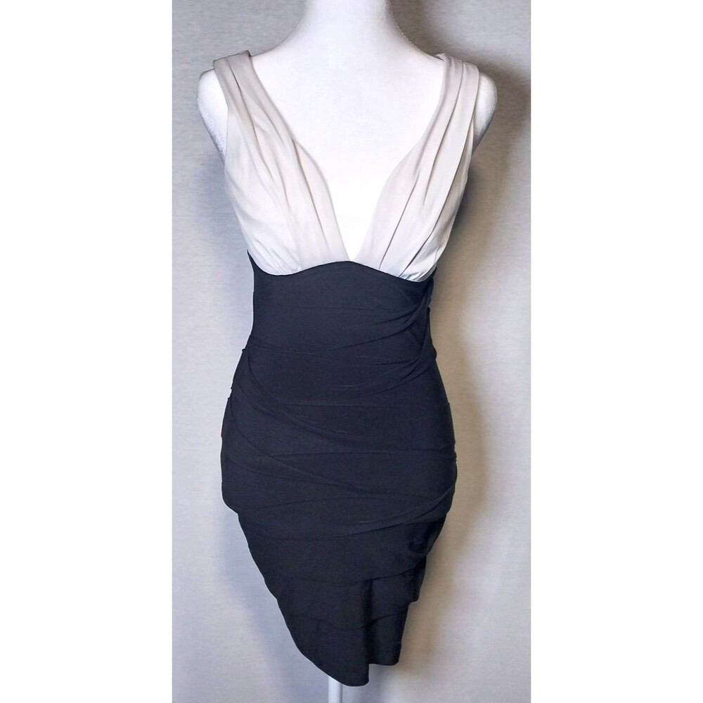 Jodi Kristopher Womens Small Dress Black Cream Colorblock Bodycon Ruched
